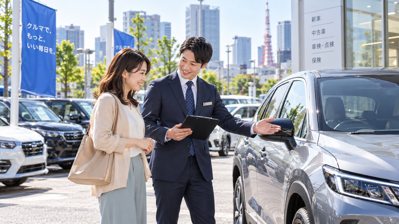 Customer and salesperson at a car dealership