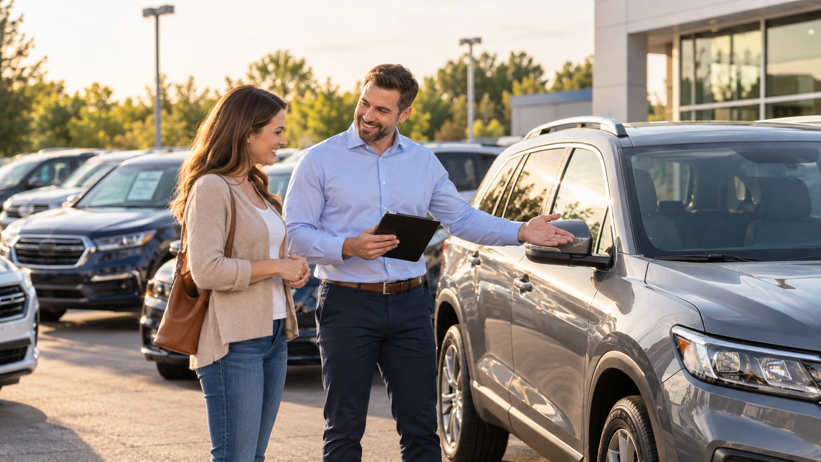 Customer and salesperson at a car dealership
