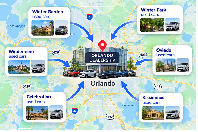 Orlando local SEO coverage map showing nearby buyers finding the dealership