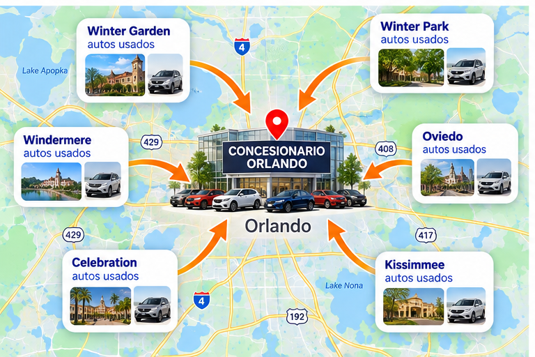 Mapa SEO local de Orlando mostrando compradores de ciudades cercanas encontrando el concesionario