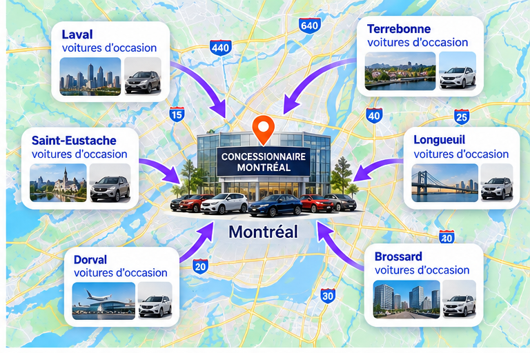 Carte SEO locale de Montréal montrant des acheteurs des villes voisines trouvant le concessionnaire