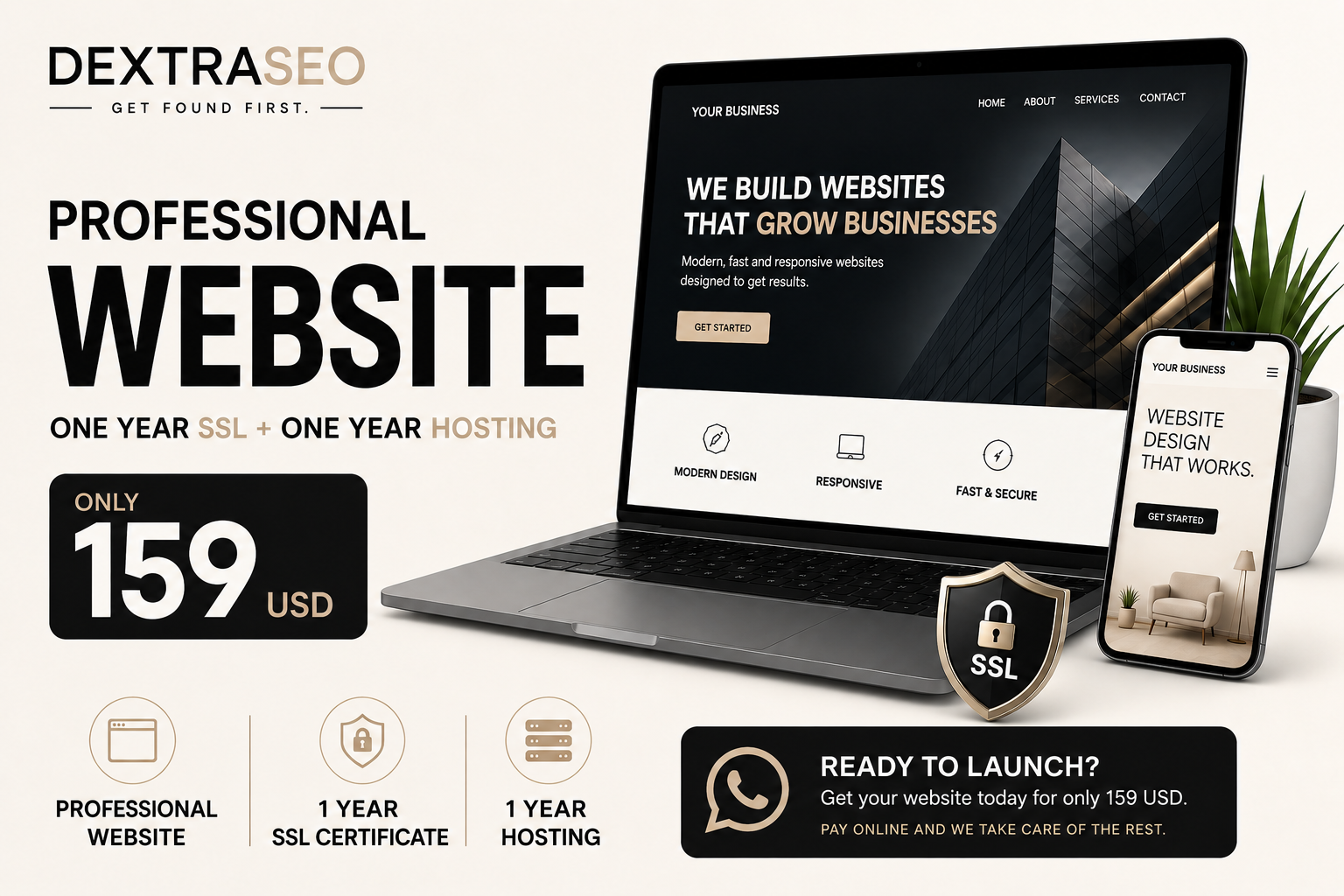Dextraseo professional website promo with SSL and hosting included for 159 USD